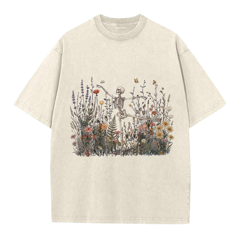 Dancing Skeleton In The Garden Washed Crew Neck T-Shirt