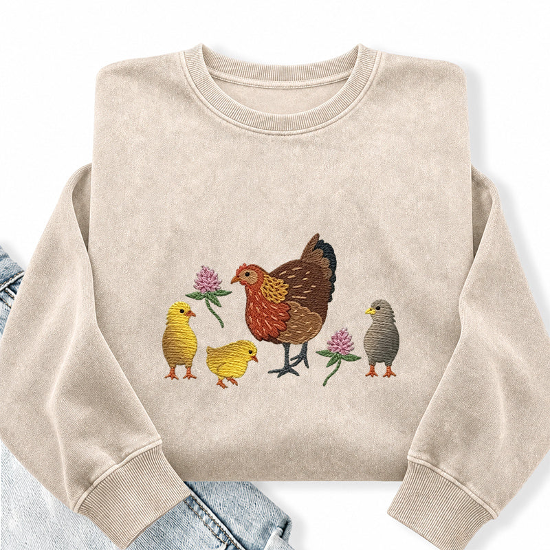 Embroidered Hen & Chicks Washed Crewneck Sweatshirt