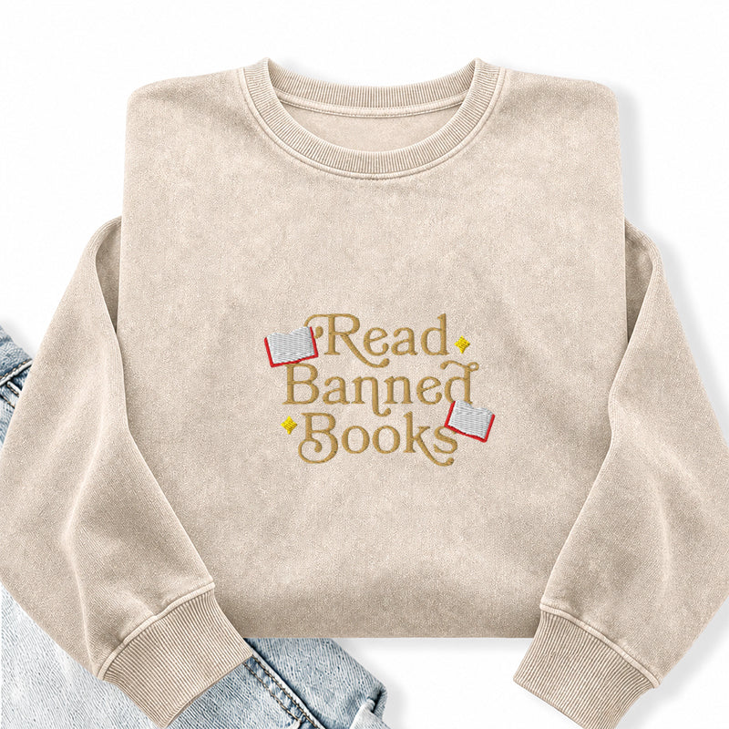 Embroidered Read Banned Books Washed Crewneck Sweatshirt