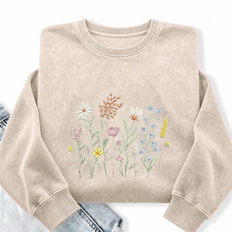 Embroidered Cute Wildflowers Washed Crewneck Sweatshirt