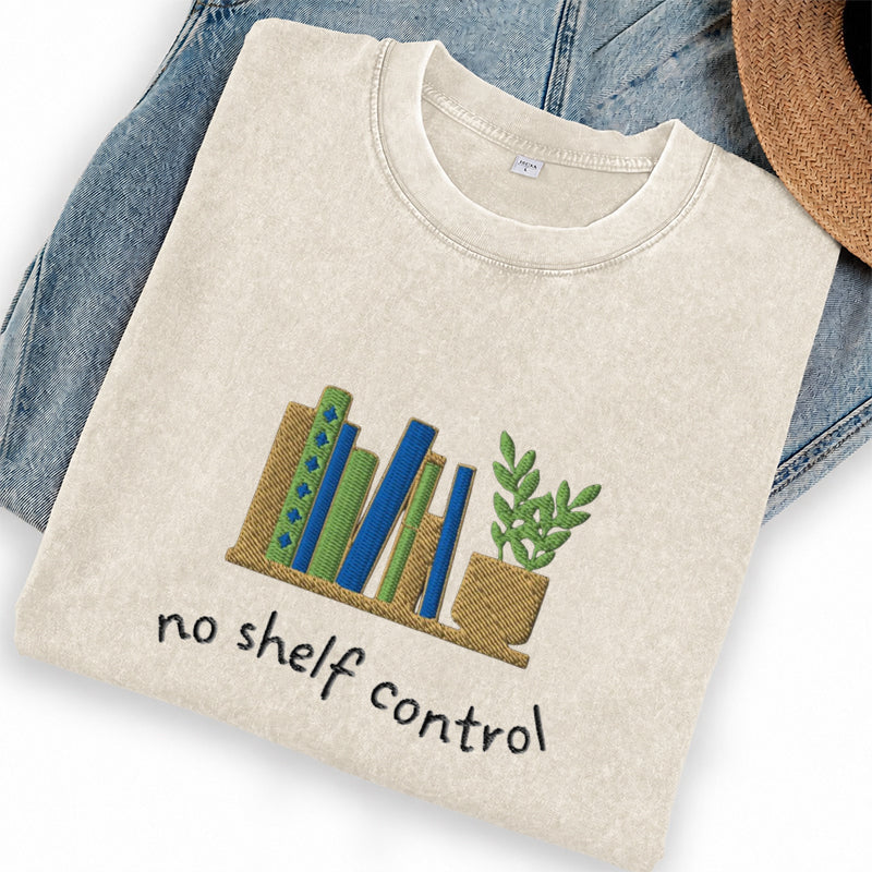 Embroidered No Shelf Control Book Washed Crew Neck T-Shirt