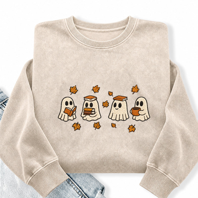 Embroidered Autumn Bookish Ghost Washed Crewneck Sweatshirt