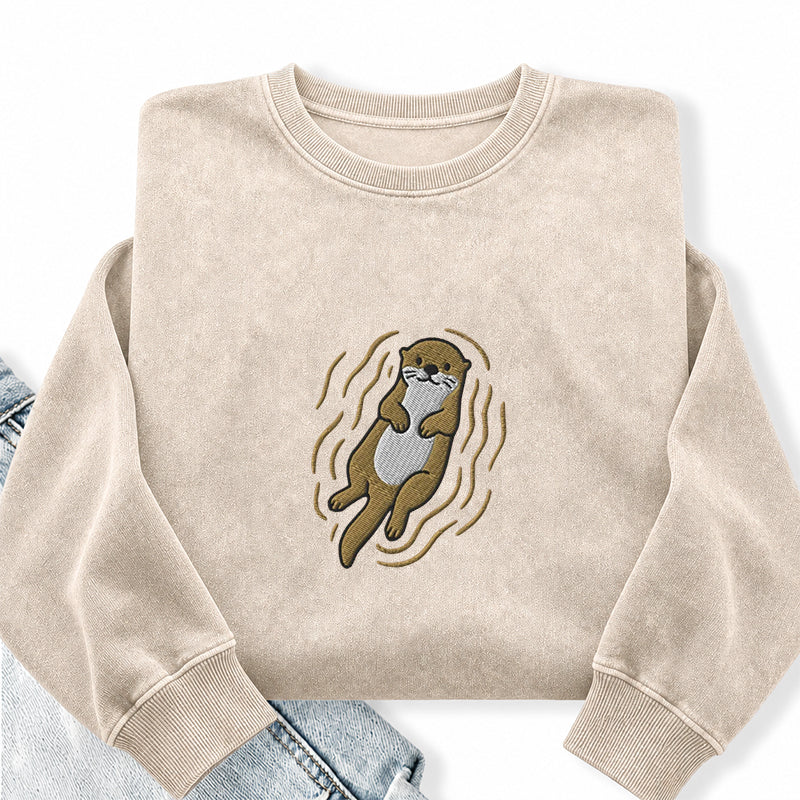 Embroidered Otter Washed Crewneck Sweatshirt