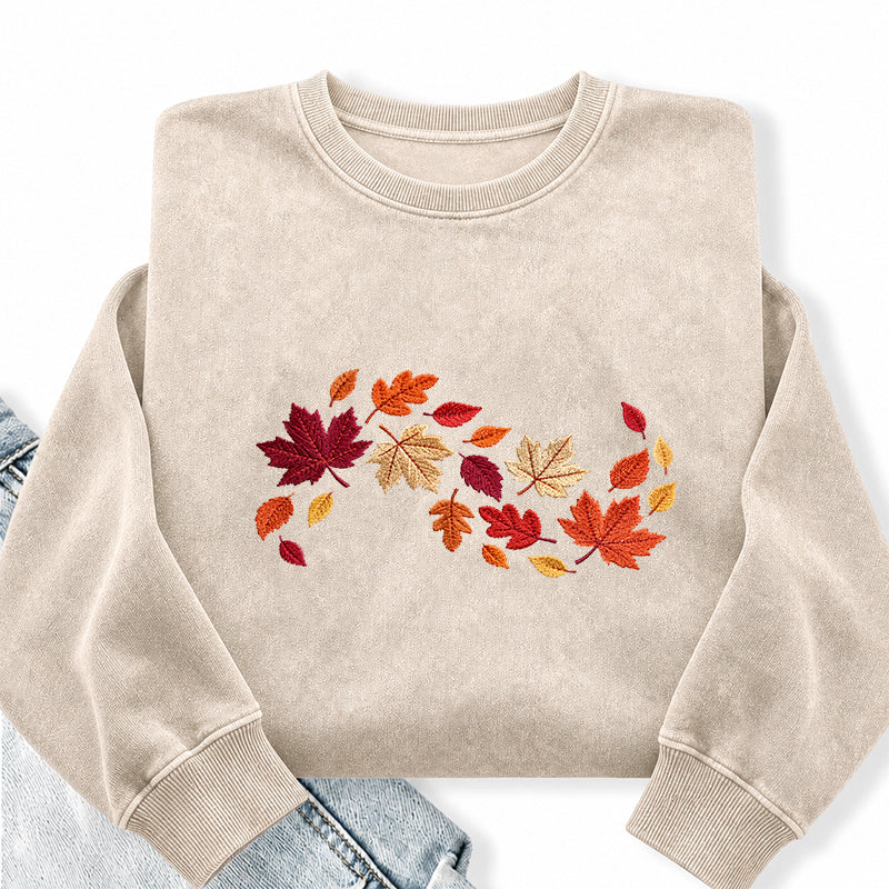 Embroidered Autumn Leaves Washed Crewneck Sweatshirt