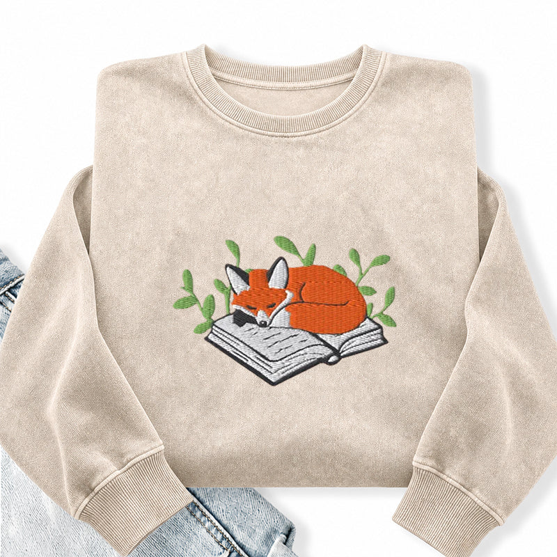 Embroidered Fox Book Nap Washed Crewneck Sweatshirt