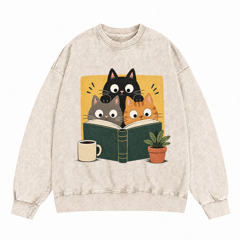 Retro Curious Reading Cats Washed Crewneck Sweatshirt