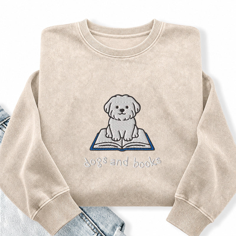 Embroidered Dogs And Books Washed Crewneck Sweatshirt