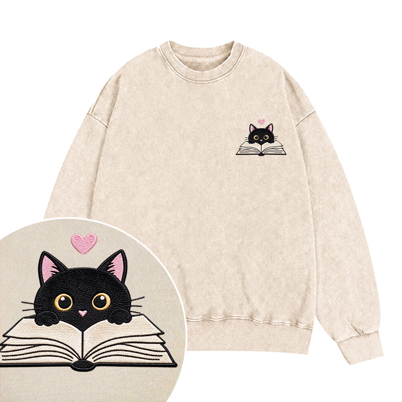 Embroidered Reading Black Cat Washed Crewneck Sweatshirt
