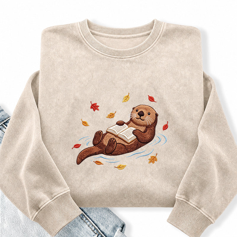 Embroidered Otter Reading Book Washed Crewneck Sweatshirt