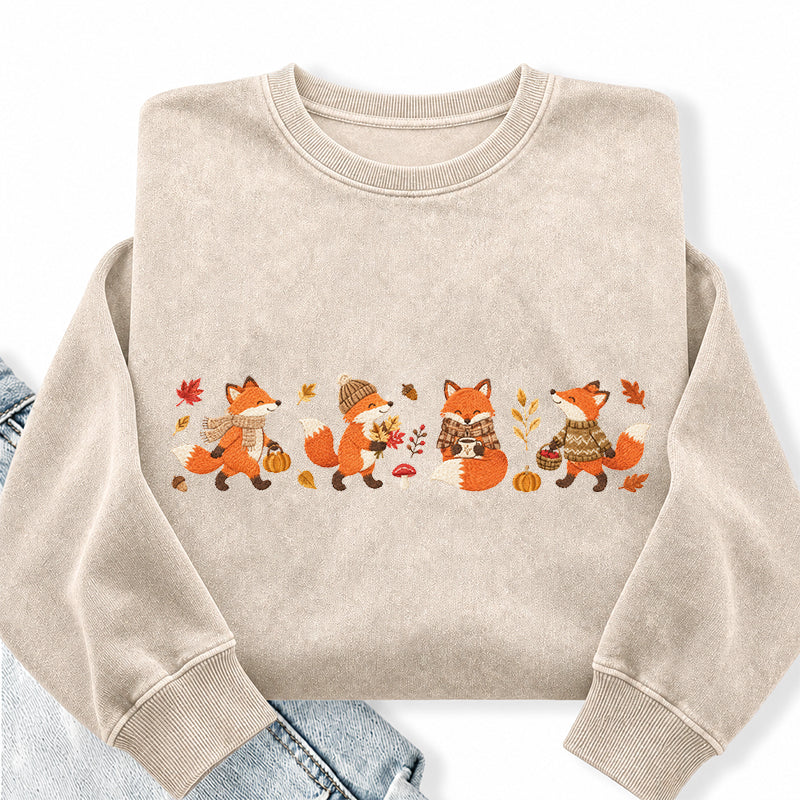 Embroidered Fall Fox Washed Crewneck Sweatshirt