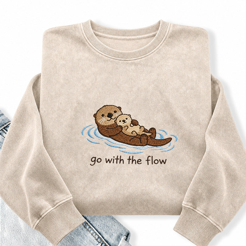 Embroidered Go With The Flow Otter Washed Crewneck Sweatshirt