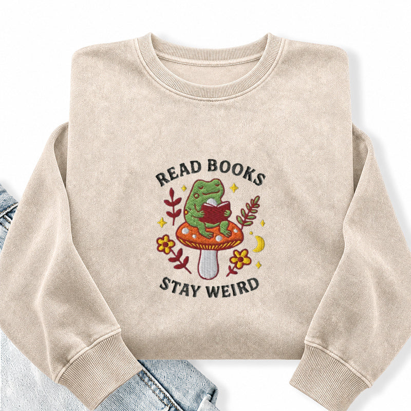 Embroidered Read Books Stay Weird Washed Crewneck Sweatshirt