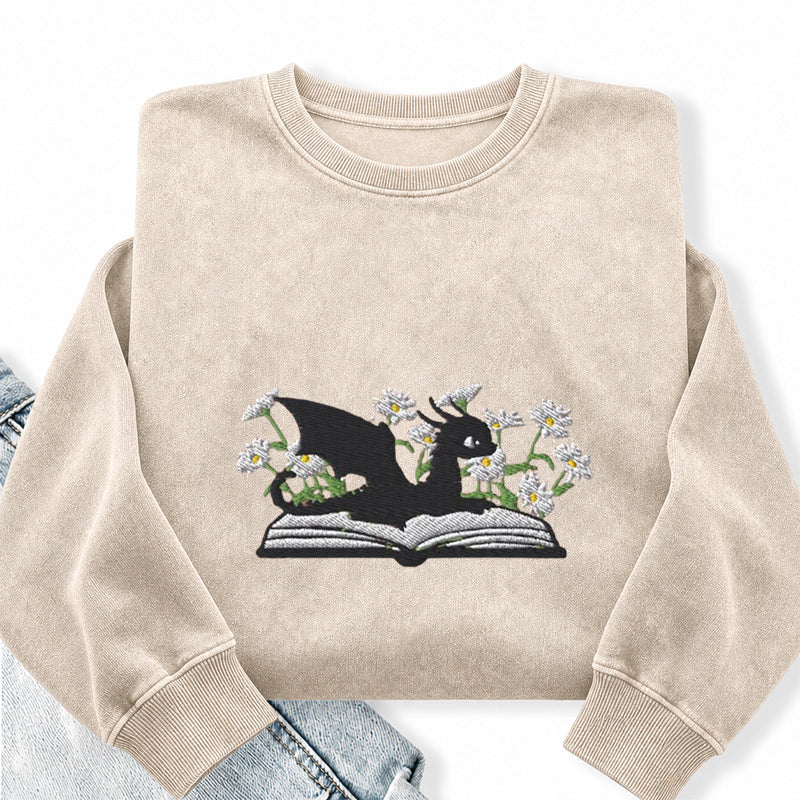 Embroidered Floral Dragon Book Washed Crewneck Sweatshirt