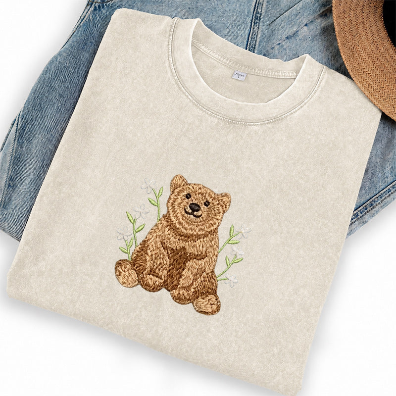 Embroidered Floral Bear Washed Crew Neck T-Shirt