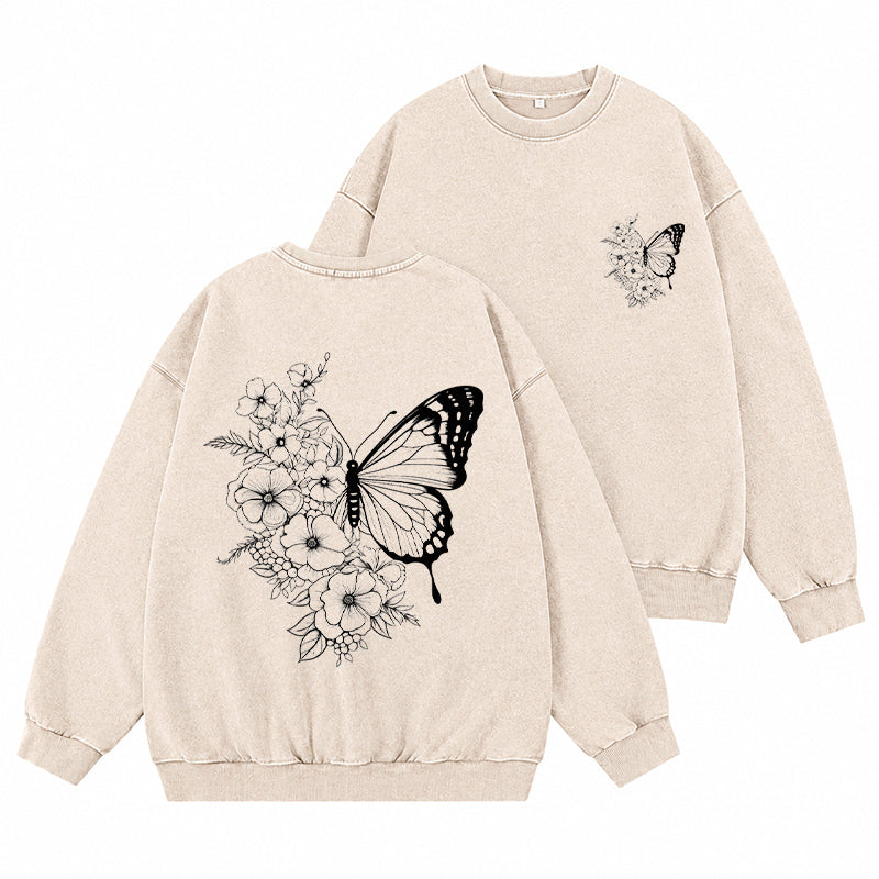 Floral Butterfly Washed Crewneck Sweatshirt