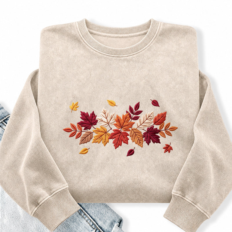 Embroidered Cozy Autumn Leaves Washed Crewneck Sweatshirt
