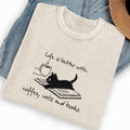 Embroidered Coffee Cat and Books Washed Crew Neck T-Shirt