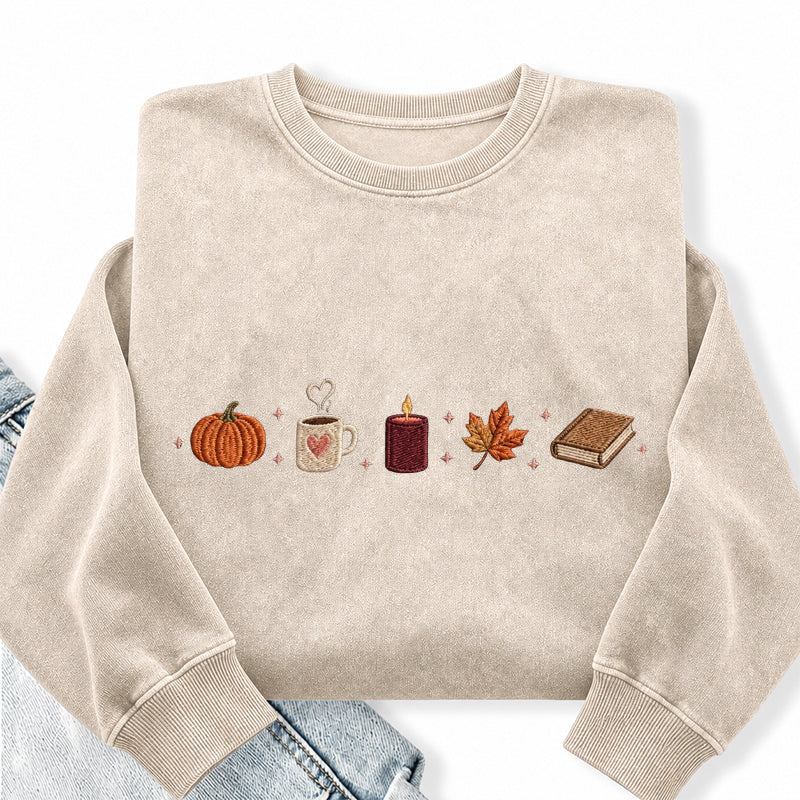 Embroidered Autumn Icons Washed Crewneck Sweatshirt