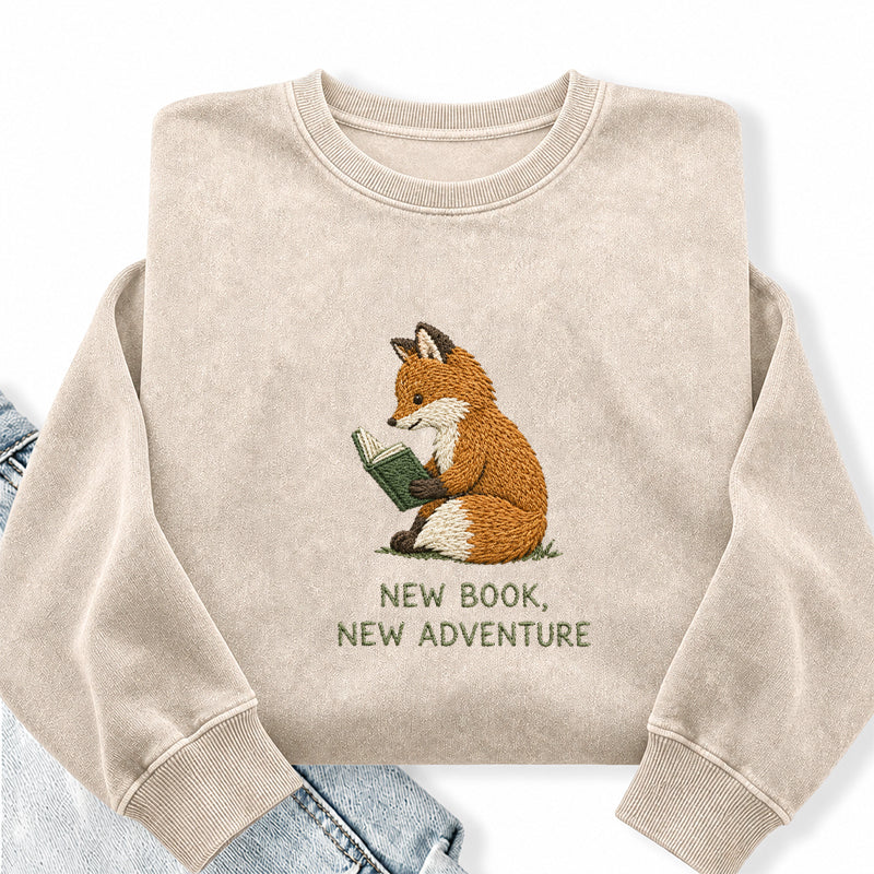 Embroidered New Book New Adventure Washed Crewneck Sweatshirt