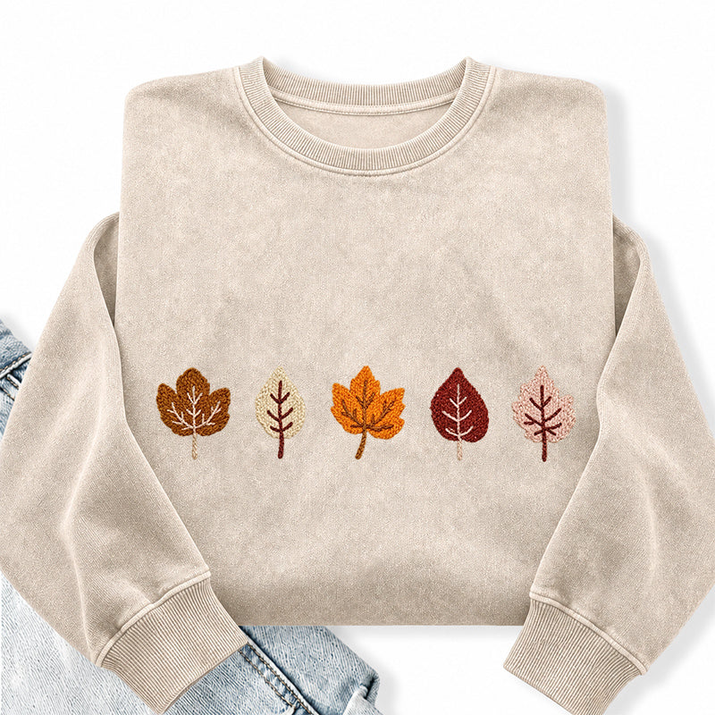 Embroidered Fall Leaves Washed Crewneck Sweatshirt