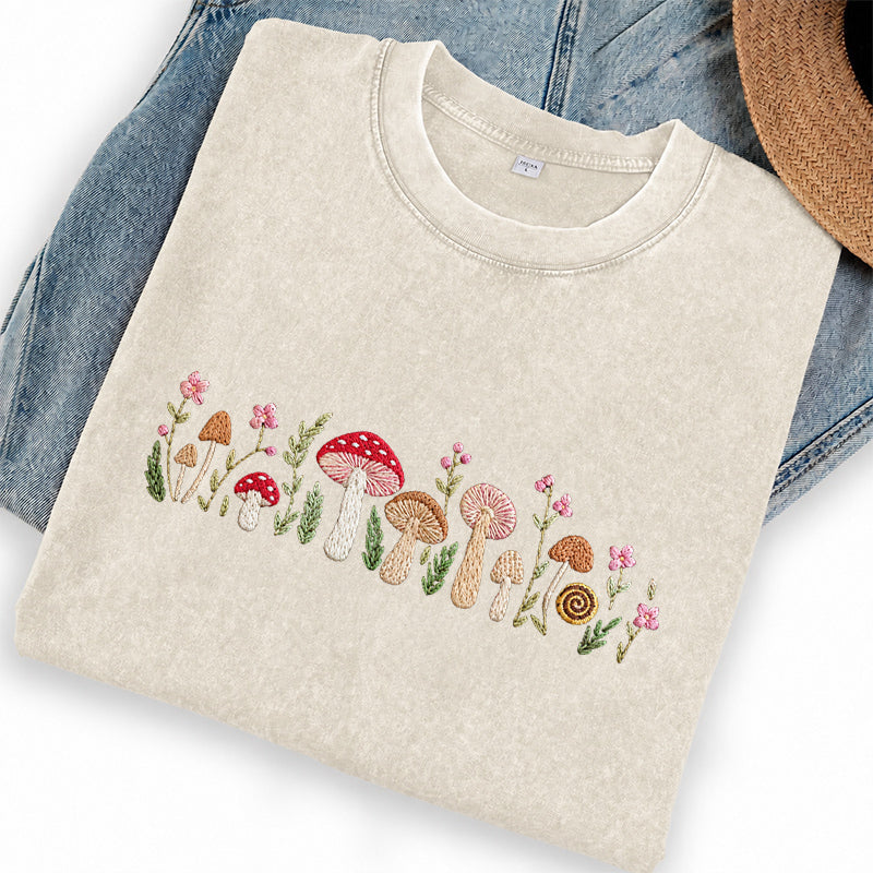 Embroidered Enchanted Mushroom Washed Crew Neck T-Shirt
