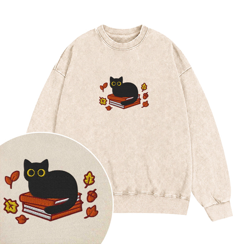 Embroidered Autumn Black Cat Book Washed Crewneck Sweatshirt