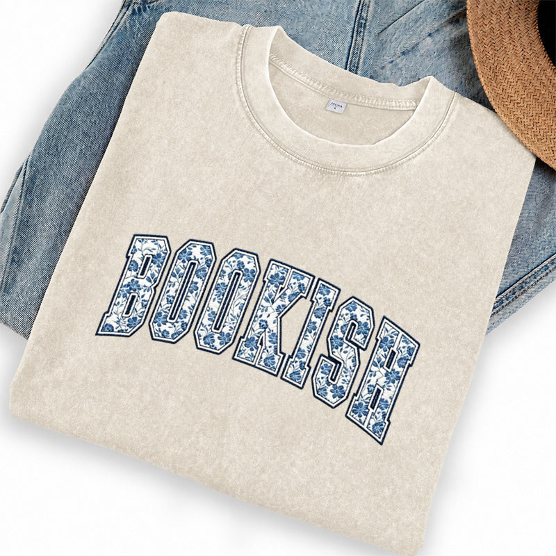 Embroidered Retro Bookish Washed Crew Neck T-Shirt