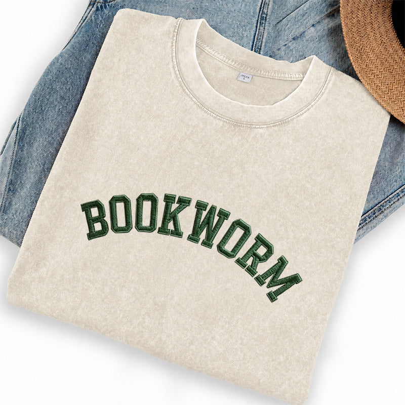 Embroidered Bookworm Washed Crew Neck T-Shirt