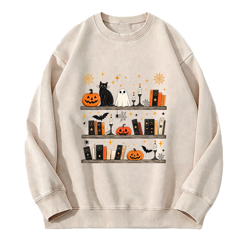 Halloween Book Shelf Washed Crewneck Sweatshirt