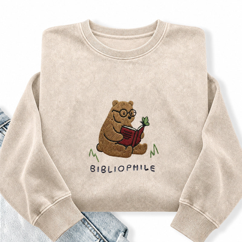 Embroidered Reading Bear Washed Crewneck Sweatshirt
