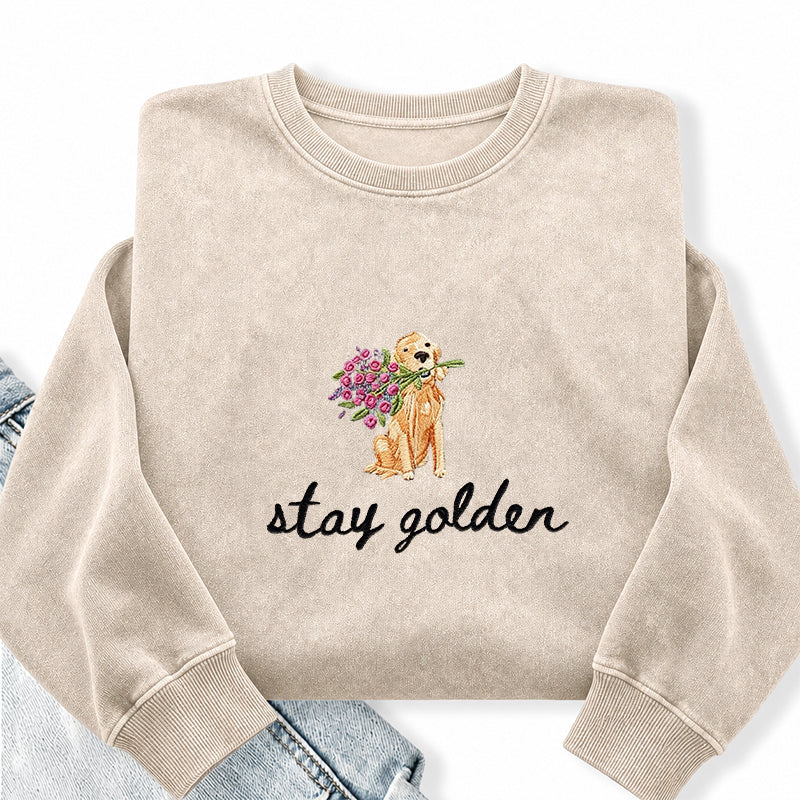 Embroidered Stay Golden Washed Crewneck Sweatshirt