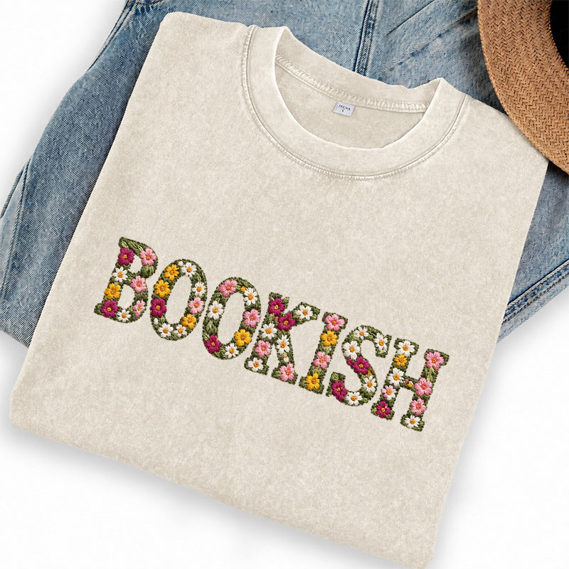 Embroidered Floral Bookish Washed Crew Neck T-Shirt