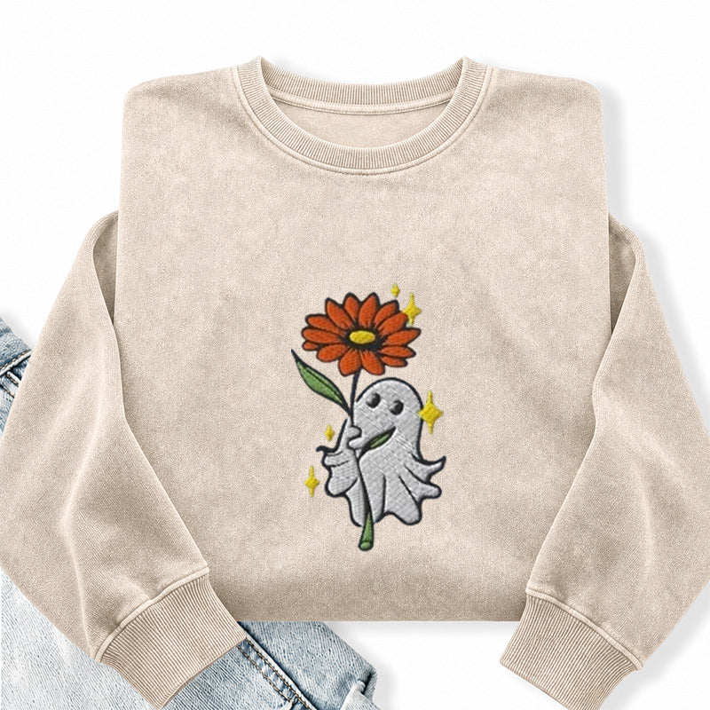 Embroidered Ghost Holding a Flower Washed Crewneck Sweatshirt