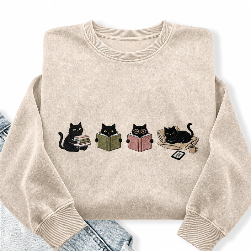 Embroidered Black Cat Reading Washed Crewneck Sweatshirt