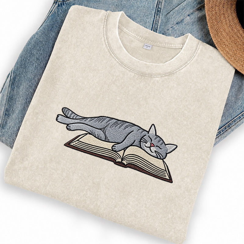 Embroidered Cat Sleeping On Book Washed Crew Neck T-Shirt