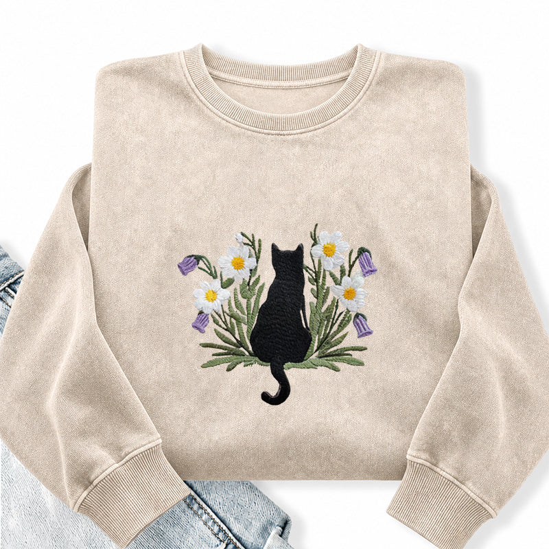 Embroidered Black Cat Flower Washed Crewneck Sweatshirt