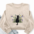 Embroidered Black Cat Flower Washed Crewneck Sweatshirt