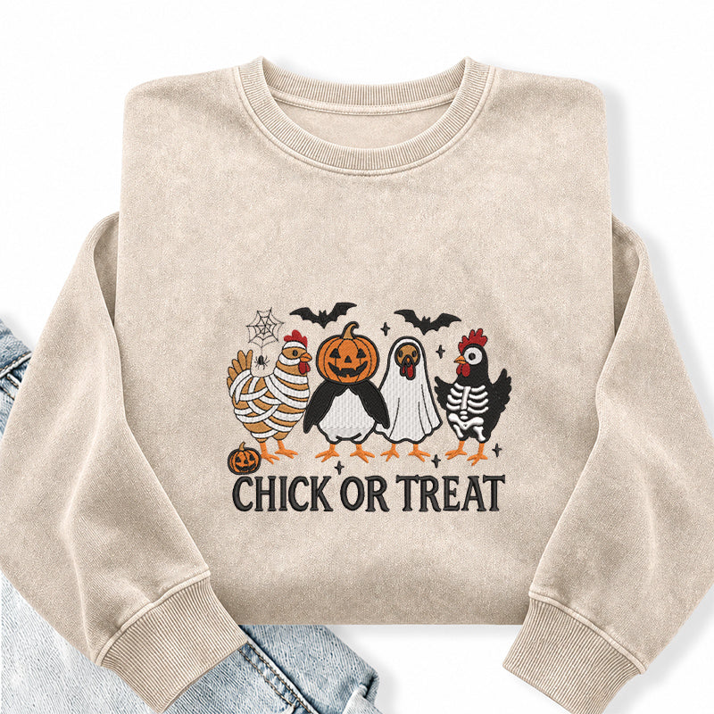 Embroidered Chick Or Treat Washed Crewneck Sweatshirt