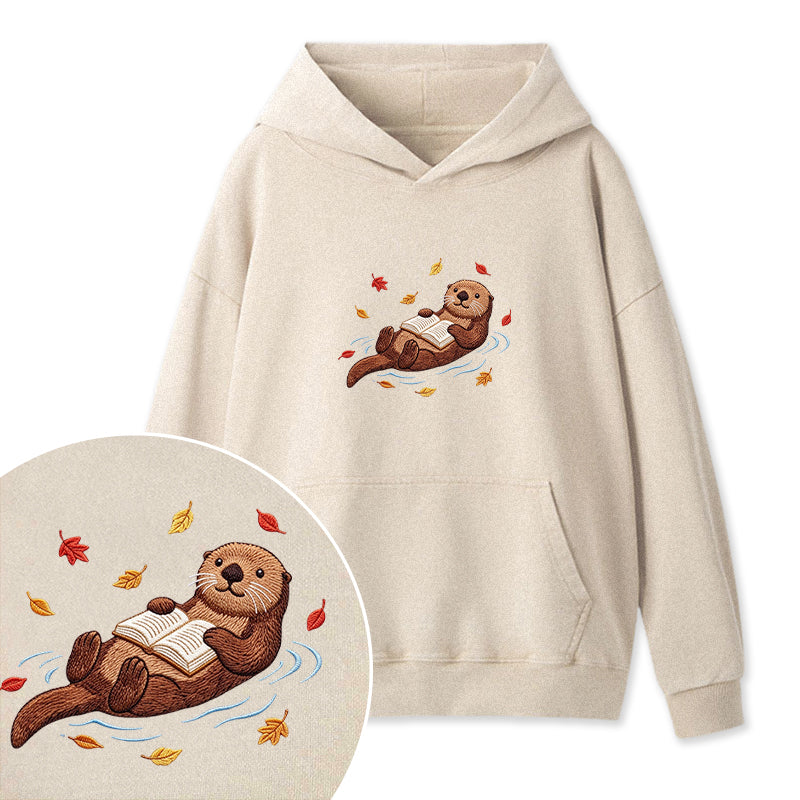 Embroidered Otter Reading Book Washed Hoodie