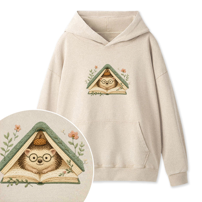 Embroidered Hedgehog Book Flower Washed Hoodie