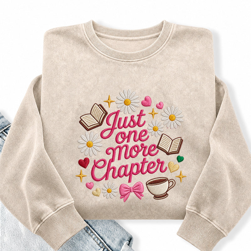Embroidered Just One More Chapter Flower Washed Crewneck Sweatshirt