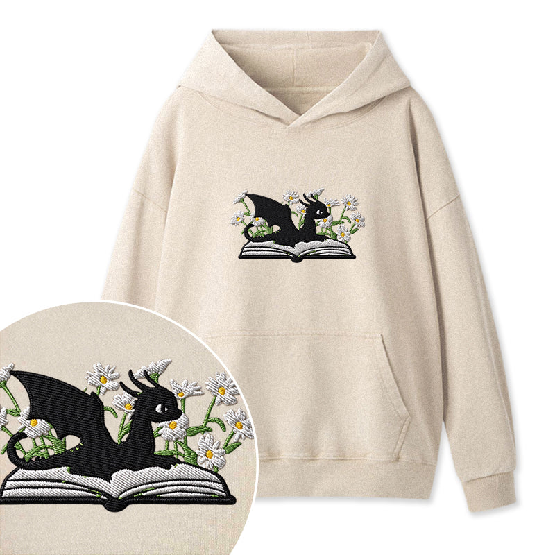 Embroidered Floral Dragon Book Washed Hoodie