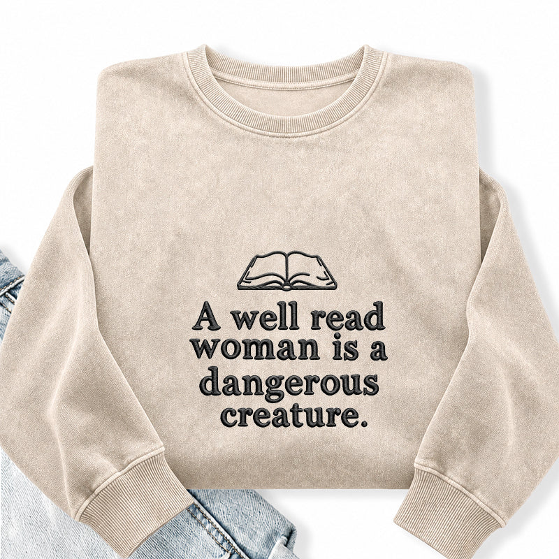 Embroidered A Well Read Woman Washed Crewneck Sweatshirt