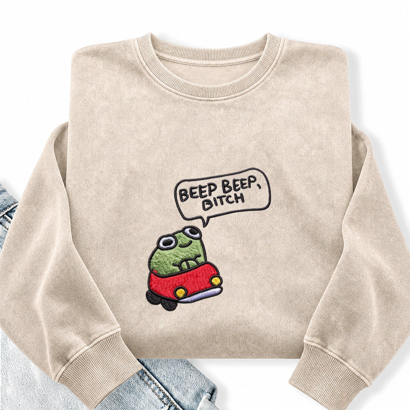 Embroidered Funny Cottagecore Frog Washed Crewneck Sweatshirt