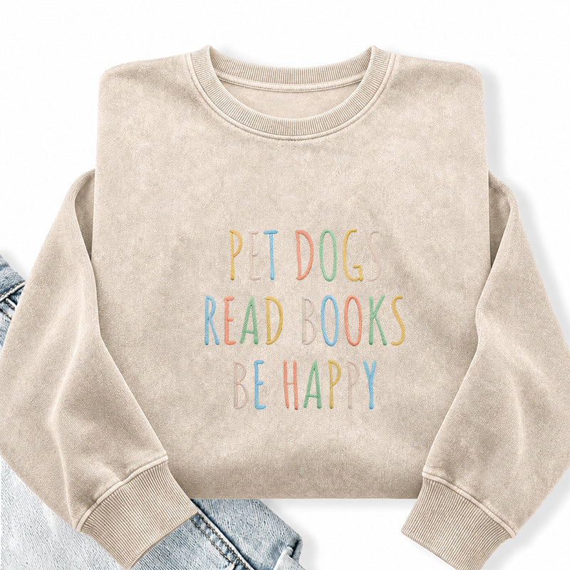 Embroidered Pet Dogs Read Books Be Happy Washed Crewneck Sweatshirt