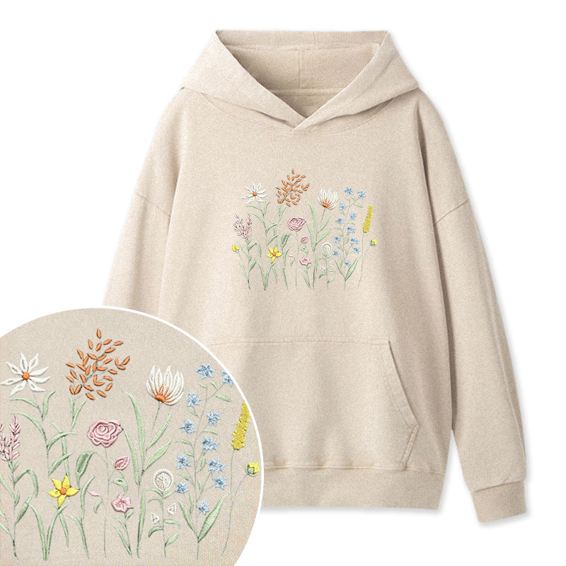 Embroidered Cute Wildflowers Washed Hoodie