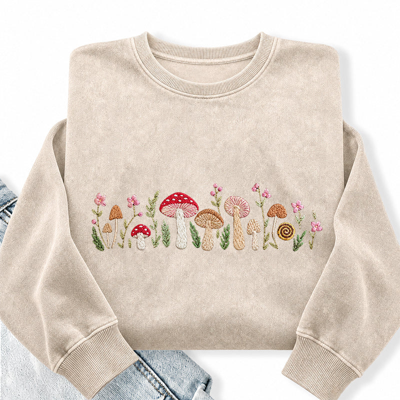 Embroidered Enchanted Mushroom Washed Crewneck Sweatshirt