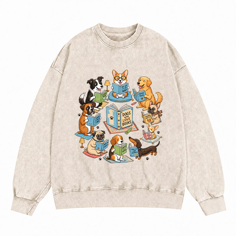 Dogs Who Love Books Reading Washed Crewneck Sweatshirt