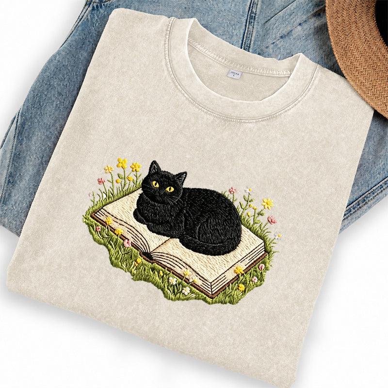Embroidered Black Cat Book Washed Crew Neck T-Shirt