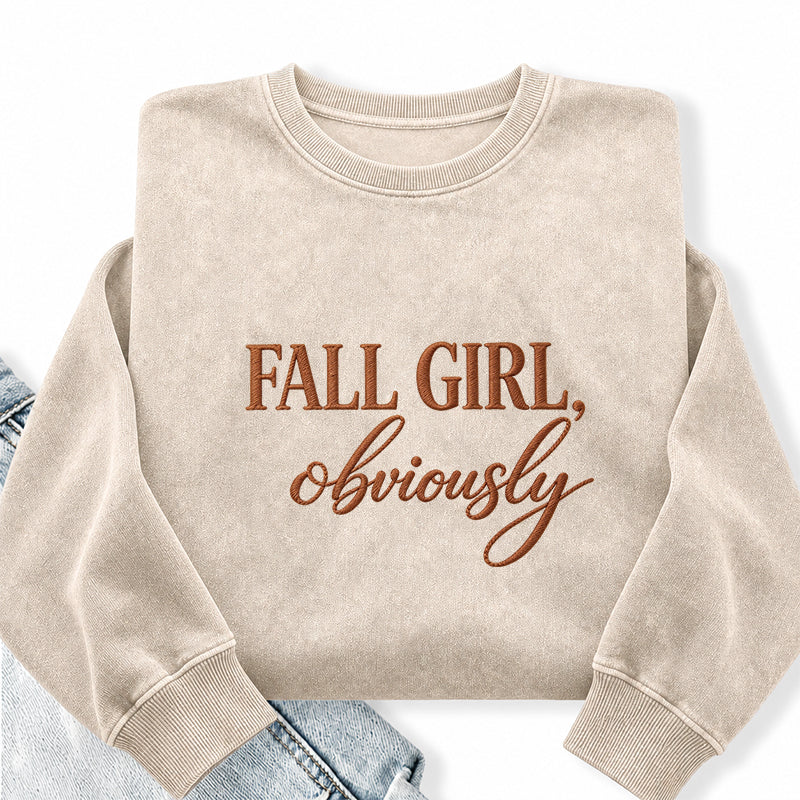 Embroidered Fall Girl Obviously Washed Crewneck Sweatshirt